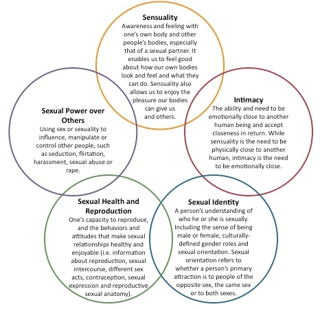 Circles of Sexuality. The circles are labeled: Sensuality, Intimacy, Sexual Identity, Sexual Health and Reproduction, and Sexual Power Over Others