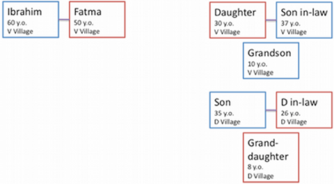 A mapping of the members of a household and their respoective ages and marital statuses